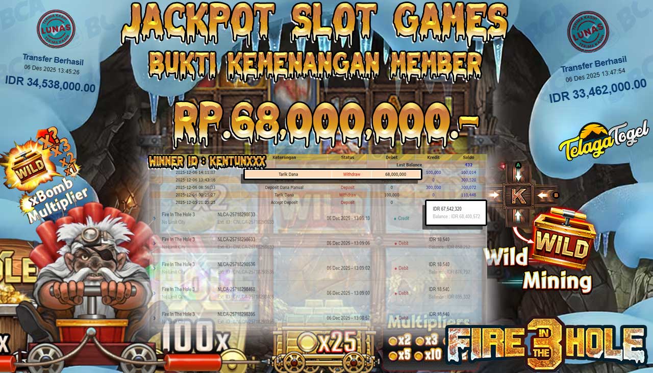 TELAGATOGEL JACKPOT SLOT FIRE 3 HOLE Rp 68,000,000.- LUNAS  