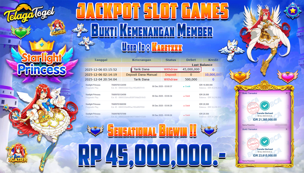 TELAGATOGEL JACKPOT SLOT STARLIGHT PRINCESS Rp 45,000,000.- LUNAS  