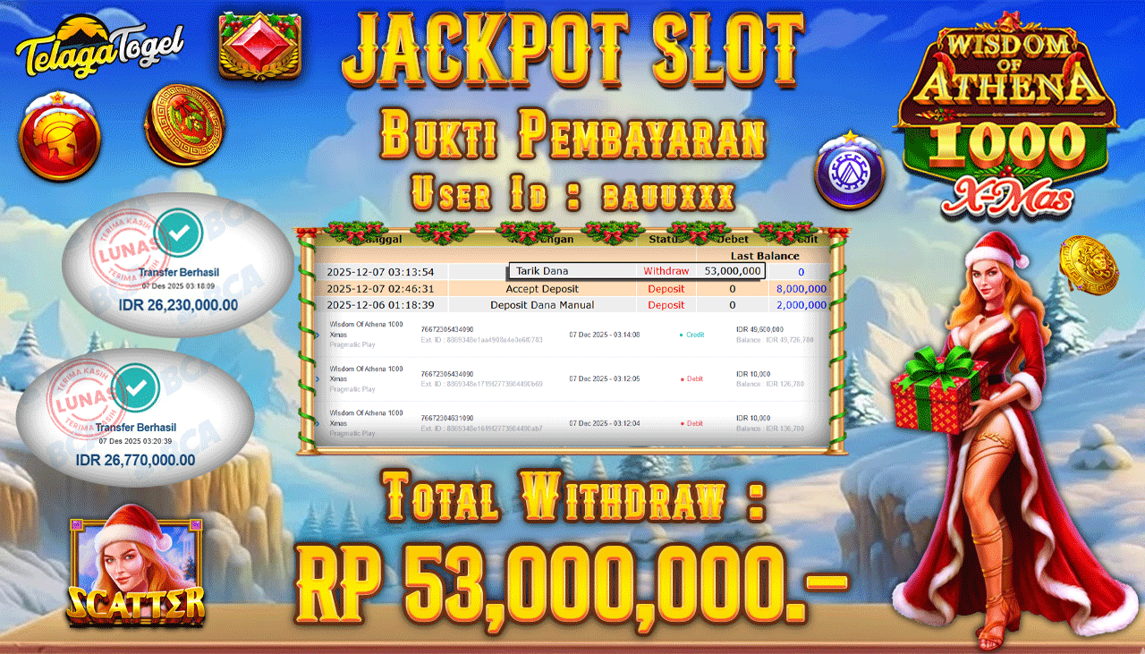TELAGATOGEL JACKPOT SLOT WISDOM OF ATHENA 1000 XMAS Rp 53,000,000.- LUNAS  