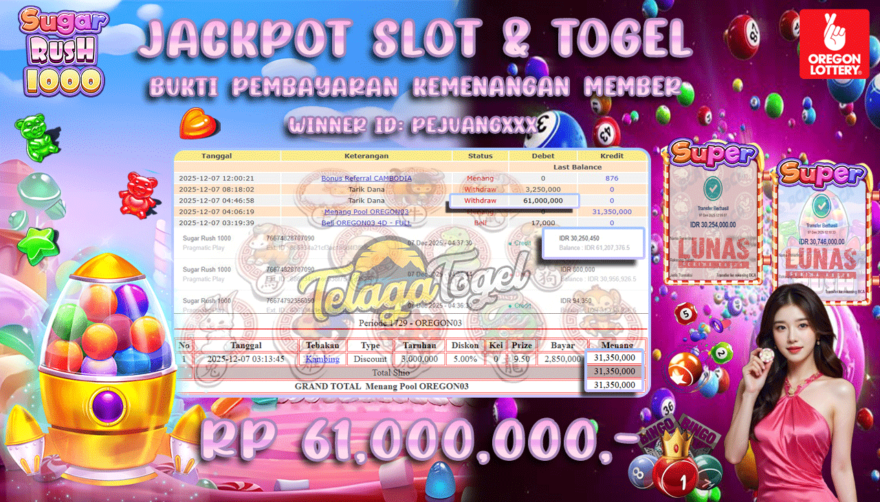 TELAGATOGEL JACKPOT SLOT SUGAR RUSH 1000 & TOGEL OREGON 03 Rp 61,000,000.- LUNAS  