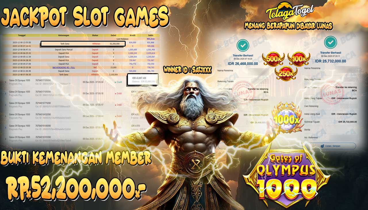 TELAGATOGEL JACKPOT SLOT GATES OF OLYMPUS 1000 Rp 52,200,000.- LUNAS  