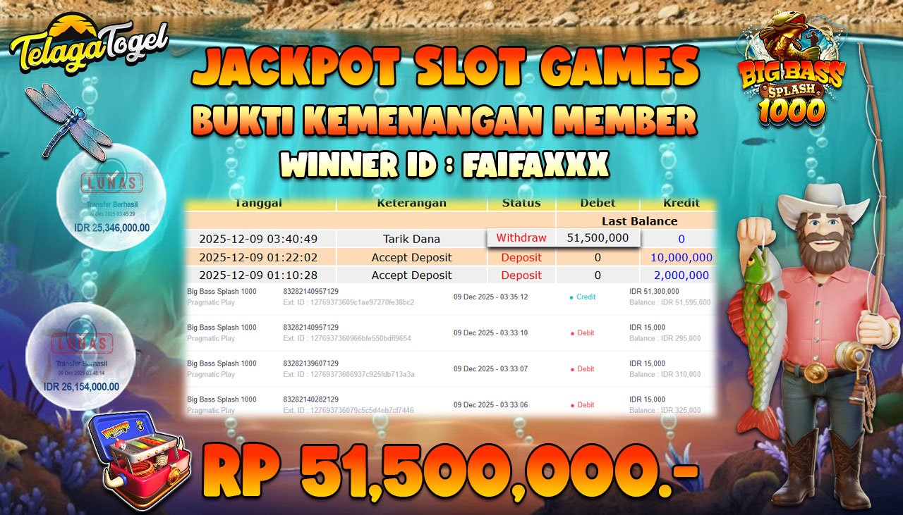 TELAGATOGEL JACKPOT SLOT BIG BASS SPLASH 1000 Rp 51,500,000.- LUNAS  