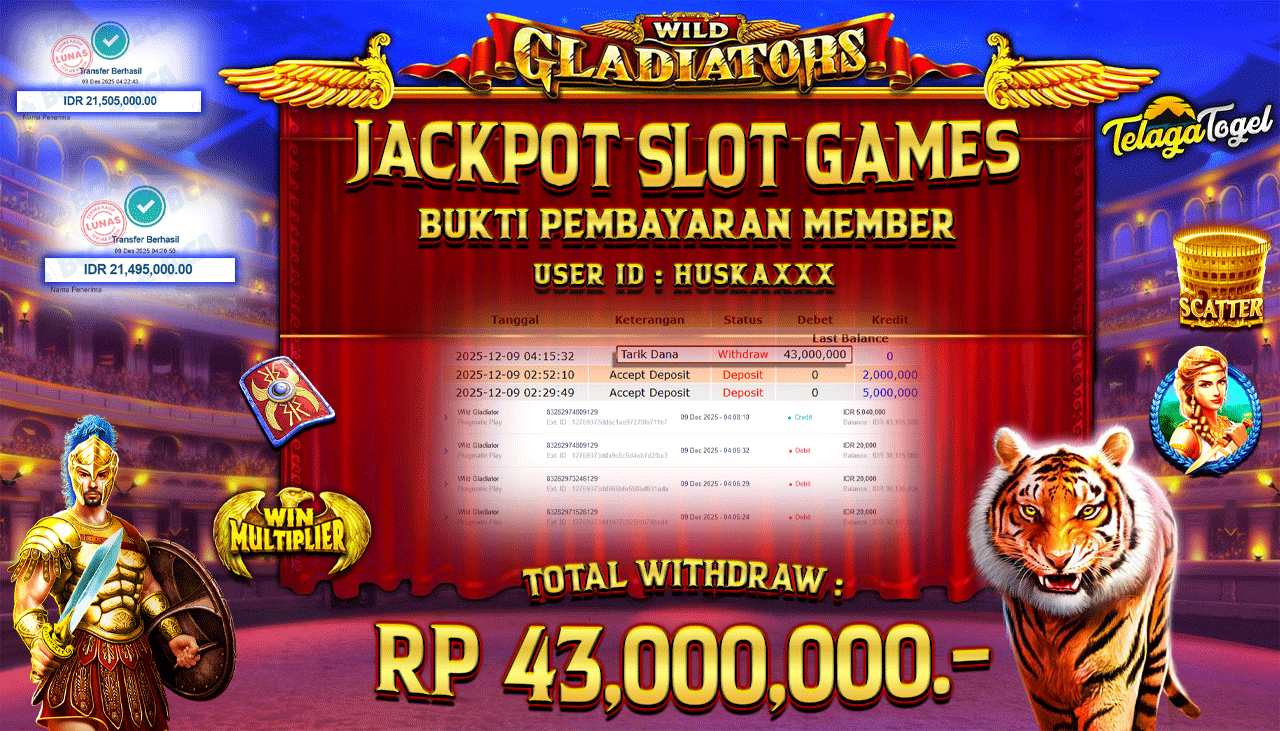 TELAGATOGEL JACKPOT SLOT WILD GLADIATOR Rp 43,000,000.- LUNAS  