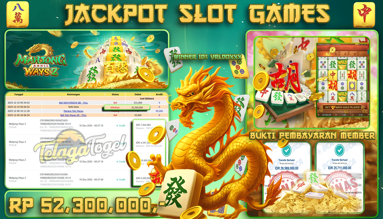 TELAGATOGEL JACKPOT SLOT MAHJONG WAYS 2 Rp 52,300,000.- LUNAS  