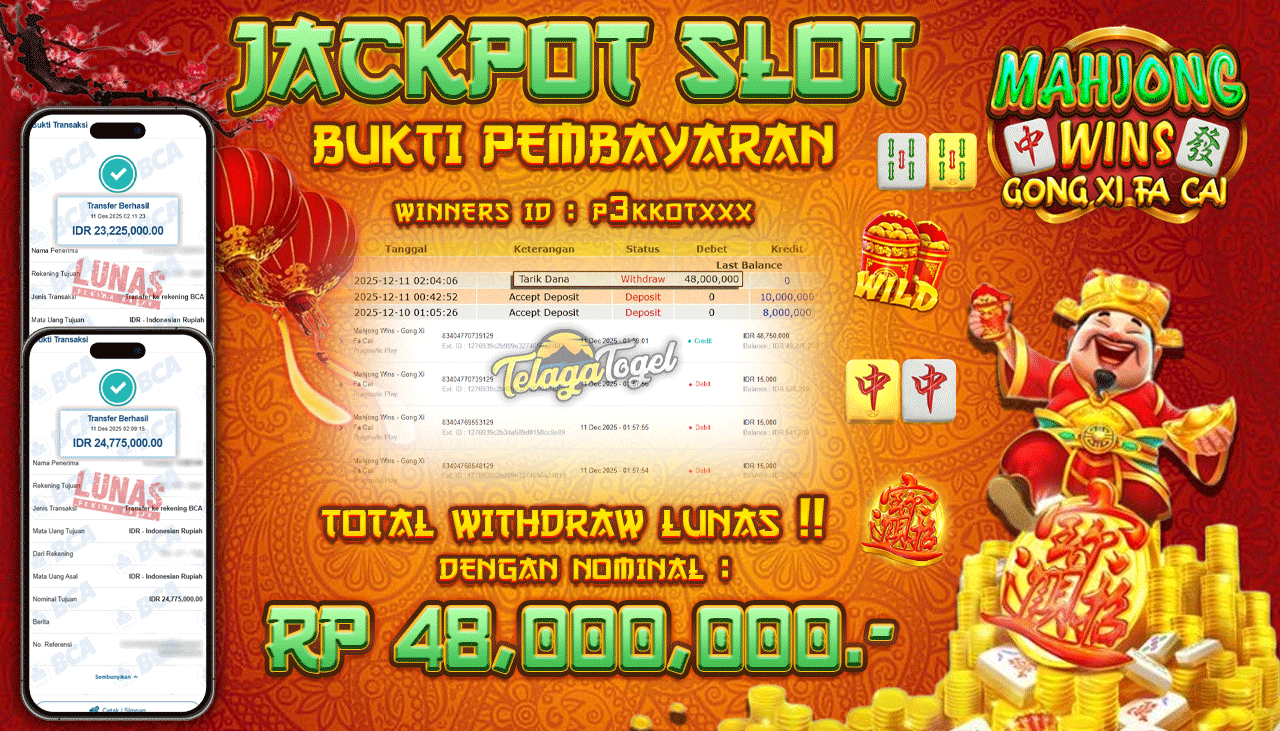 TELAGATOGEL JACKPOT SLOT MAHJONG WINS - GONG XI FA CAI Rp 48,000,000.- LUNAS  
