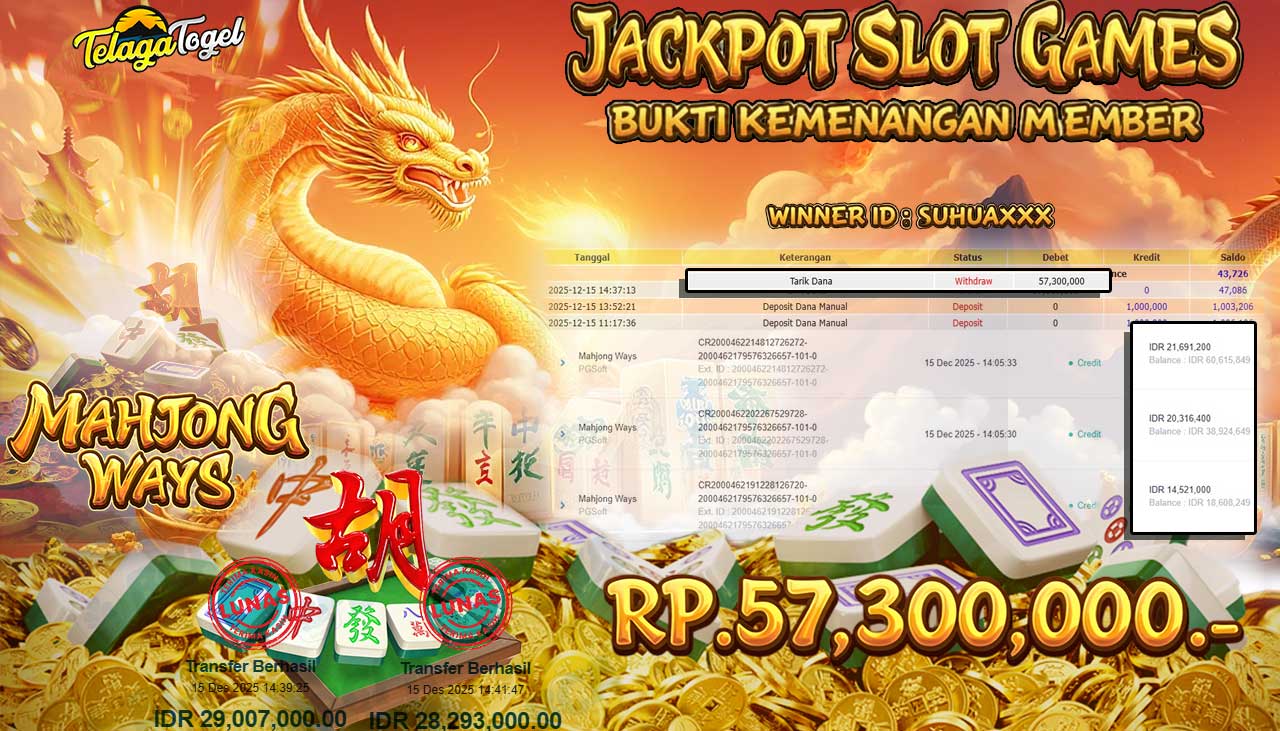 TELAGATOGEL JACKPOT SLOT MAHJONG WAYS Rp 57,300,000.- LUNAS  