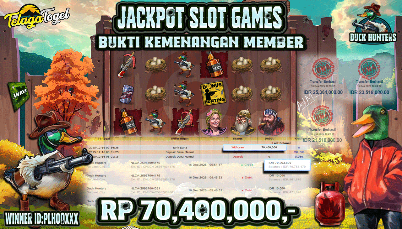 TELAGATOGEL JACKPOT SLOT DUCK HUNTERS Rp 70,400,000.- LUNAS  