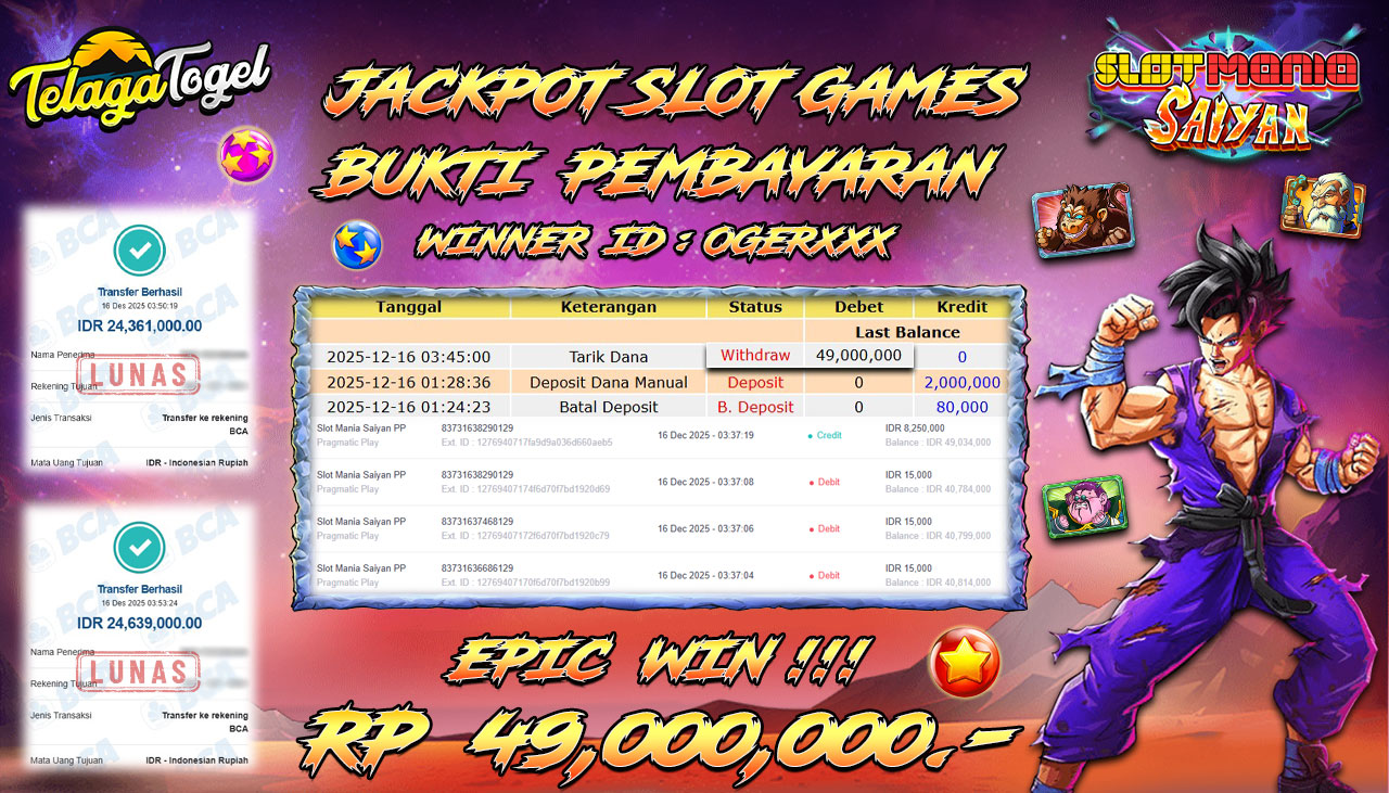 TELAGATOGEL JACKPOT SLOT MANIA SAIYAN PP Rp 49,000,000.- LUNAS  