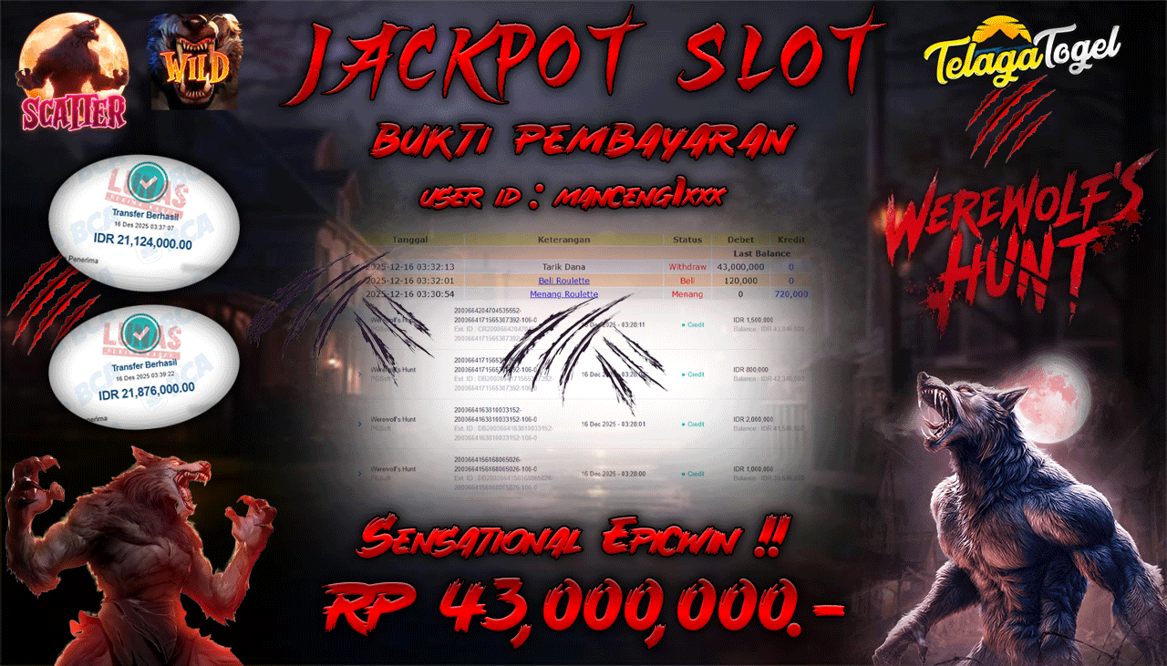 TELAGATOGEL JACKPOT SLOT WEREWOLF'S HUNT Rp 43,000,000.- LUNAS  