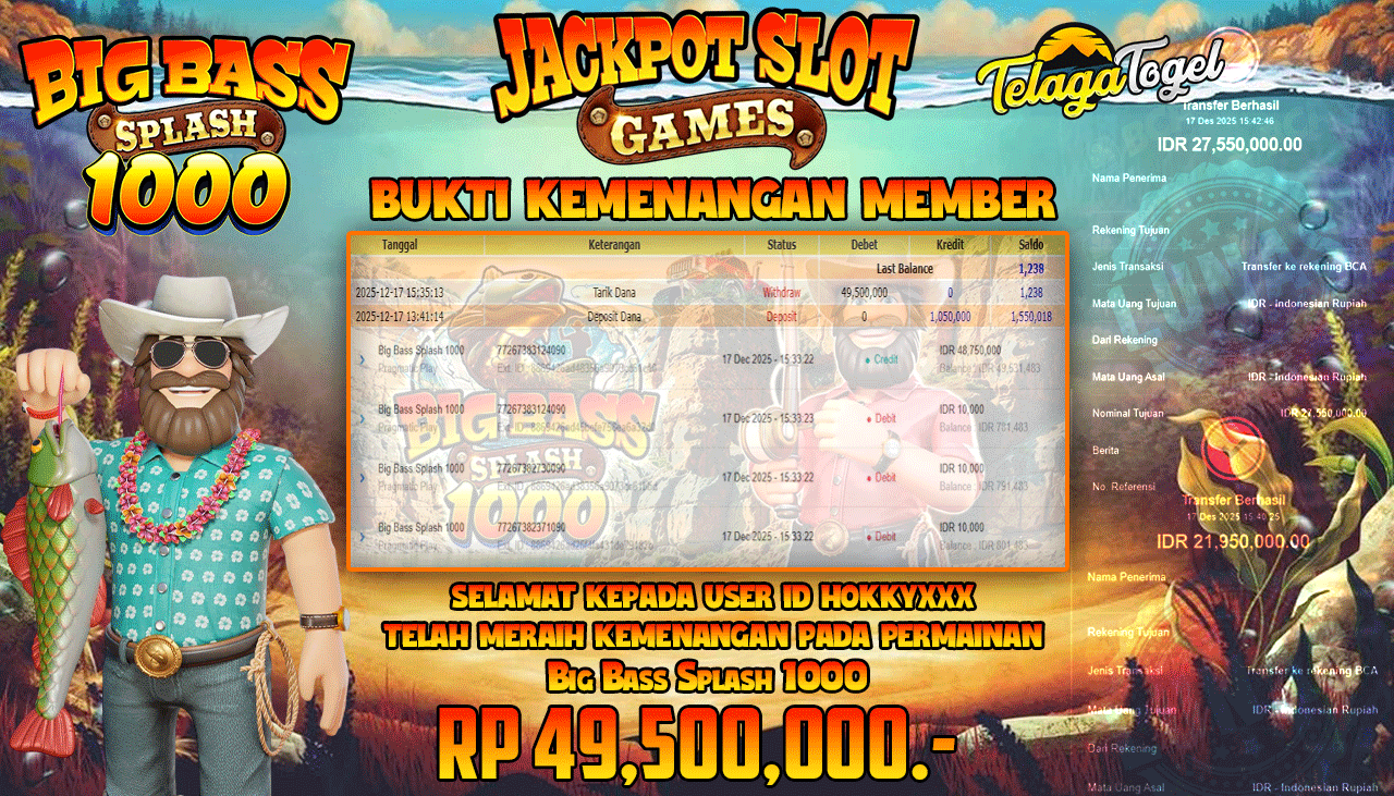 TELAGATOGEL JACKPOT SLOT BIG BASS SPLASH 1000 Rp 49,500,000.- LUNAS  