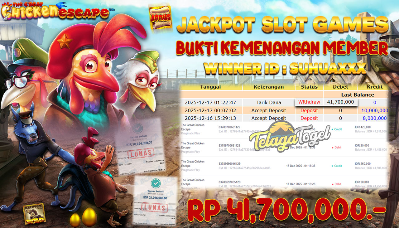 TELAGATOGEL JACKPOT SLOT THE GREAT CHICKEN ESCAPE Rp 41,700,000.- LUNAS  