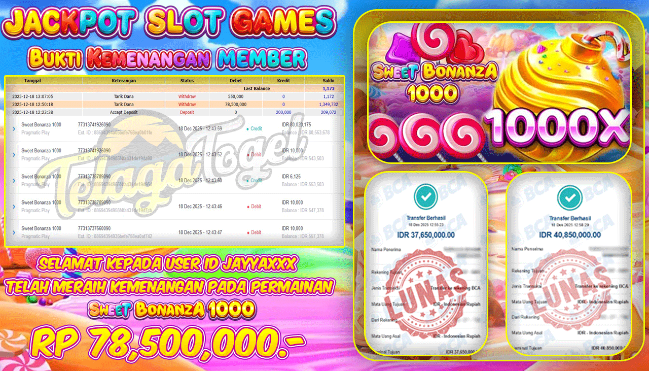 TELAGATOGEL JACKPOT SLOT SWEET BONANZA 1000 Rp 78,500,000.- LUNAS  