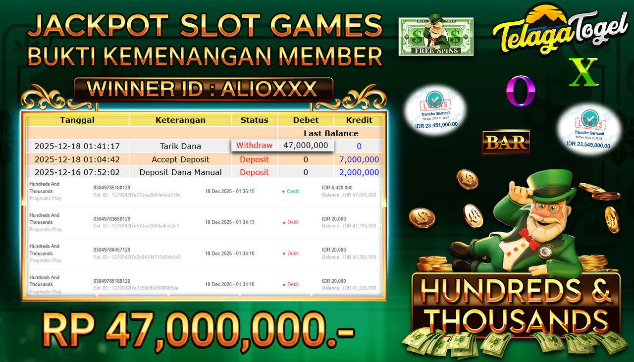 TELAGATOGEL JACKPOT SLOT HUNDREDS AND THOUSANDS Rp 47,000,000.- LUNAS  