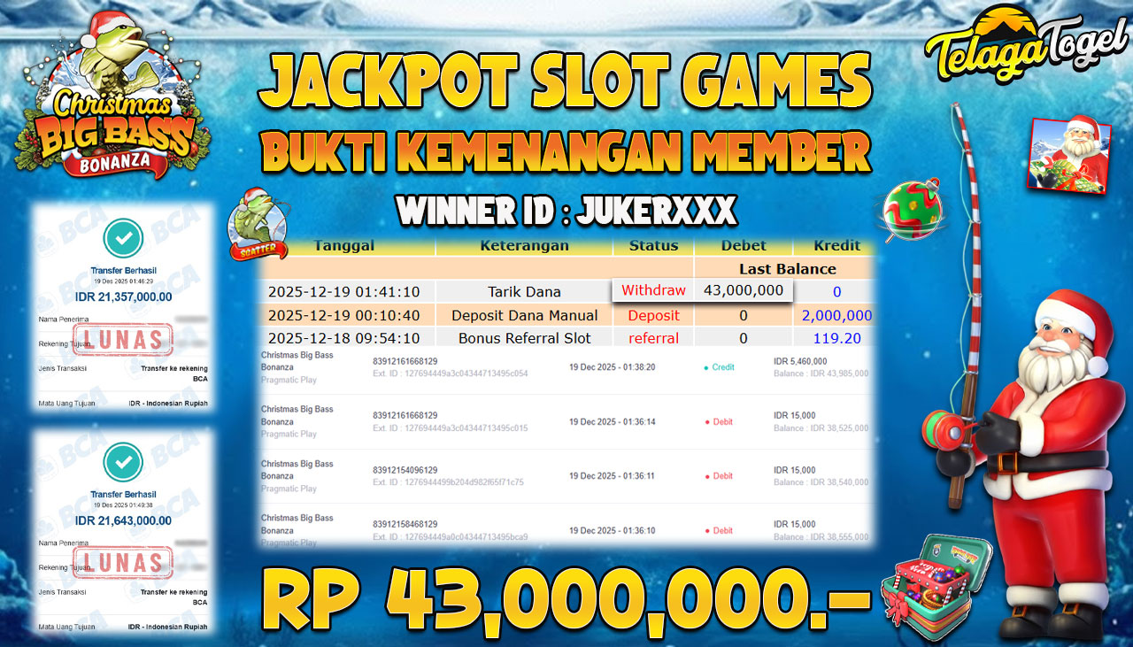 TELAGATOGEL JACKPOT SLOT CHRISTMAS BIG BASS BONANZA Rp 43,000,000.- LUNAS  