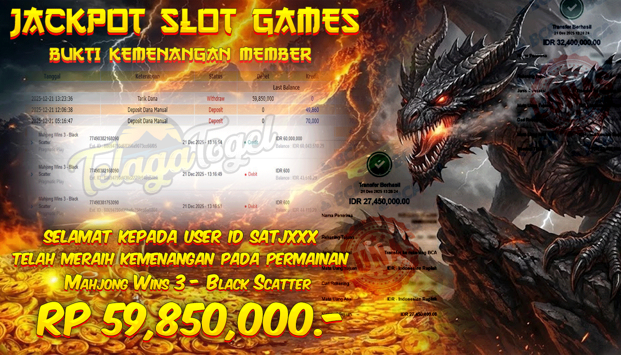 TELAGATOGEL JACKPOT SLOT MAHJONG WINS 3 - BLACK SCATTER Rp 59,850,000.- LUNAS  