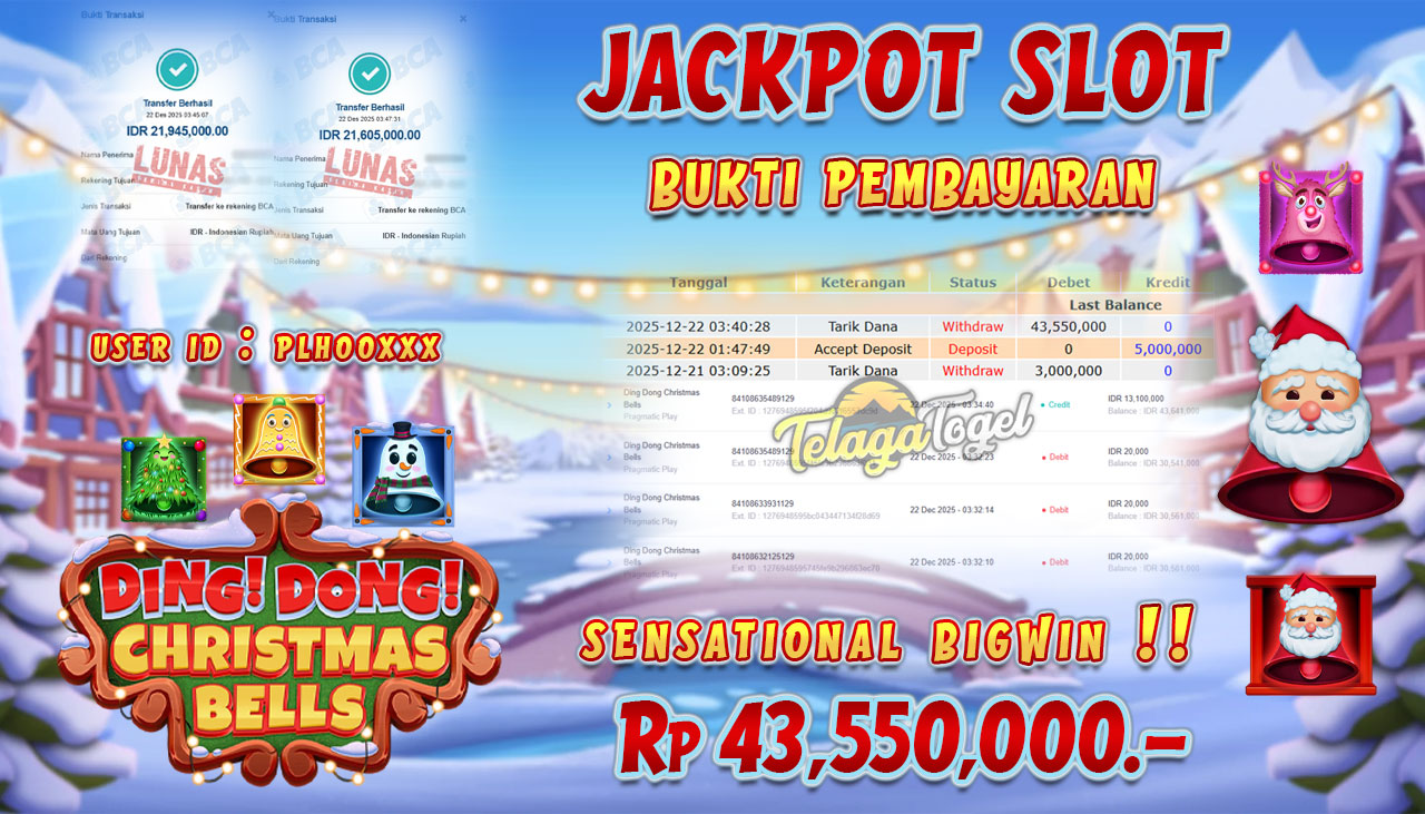 TELAGATOGEL JACKPOT SLOT DING DONG CHRISTMAS BELLS Rp 43,550,000.- LUNAS  