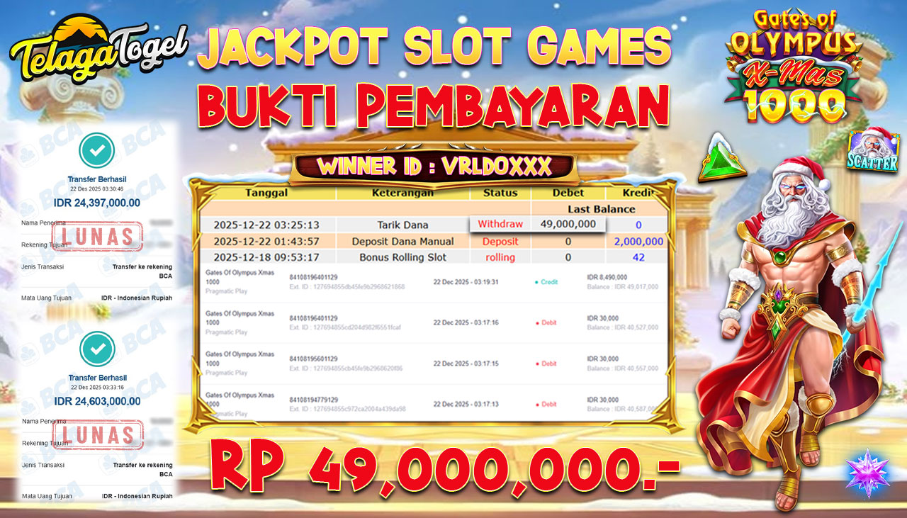 TELAGATOGEL JACKPOT SLOT GATES OF OLYMPUS XMAS 1000 Rp 49,000,000.- LUNAS  