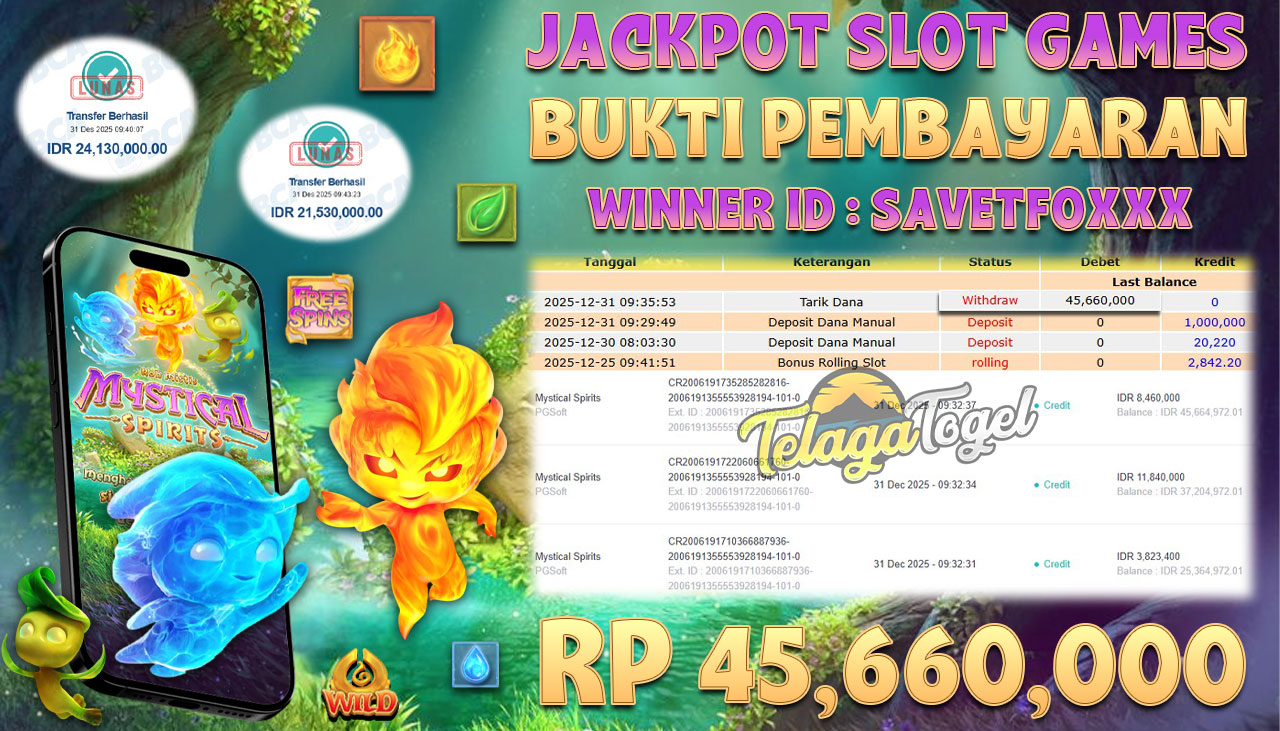 TELAGATOGEL JACKPOT SLOT MYSTICAL SPIRITS Rp 45,660,000.- LUNAS  