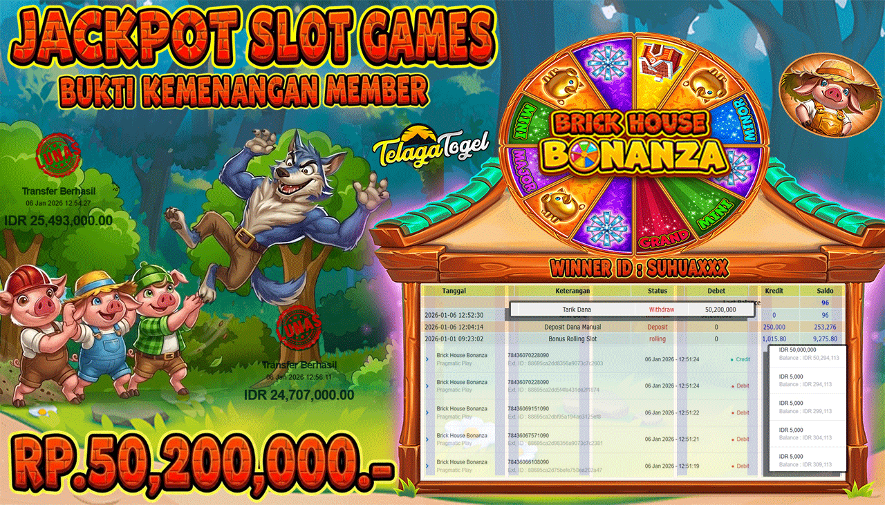 TELAGATOGEL JACKPOT SLOT BRICK HOUSE BONANZA Rp 50,200,000.- LUNAS  