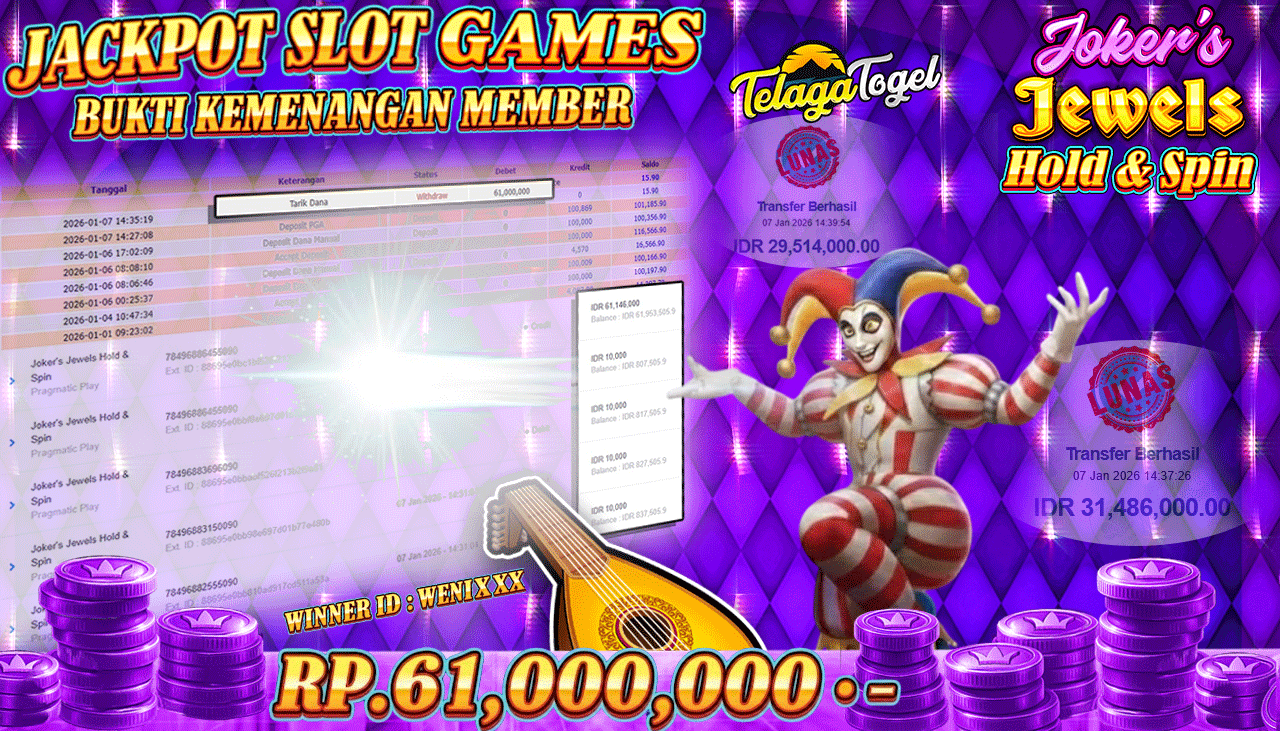 TELAGATOGEL JACKPOT SLOT JOKER'S JEWELS HOLD & SPIN Rp 61,000,000.- LUNAS  
