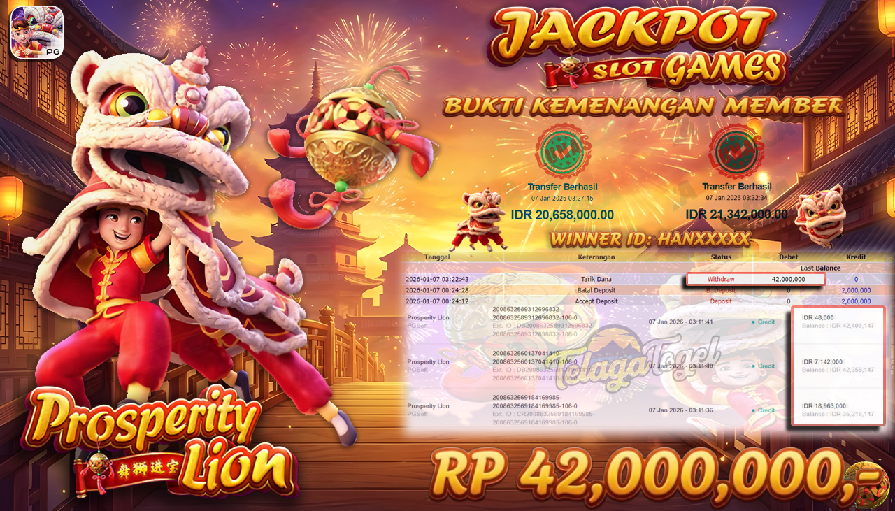 TELAGATOGEL JACKPOT SLOT PROSPERITY LION Rp 42,000,000.- LUNAS  