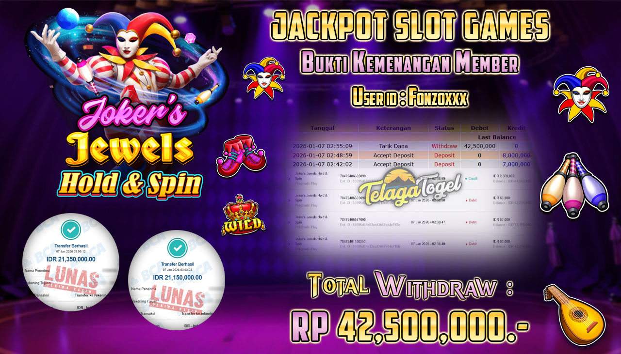 TELAGATOGEL JACKPOT SLOT JOKER'S JEWELS HOLD & SPIN Rp 42,500,000.- LUNAS  