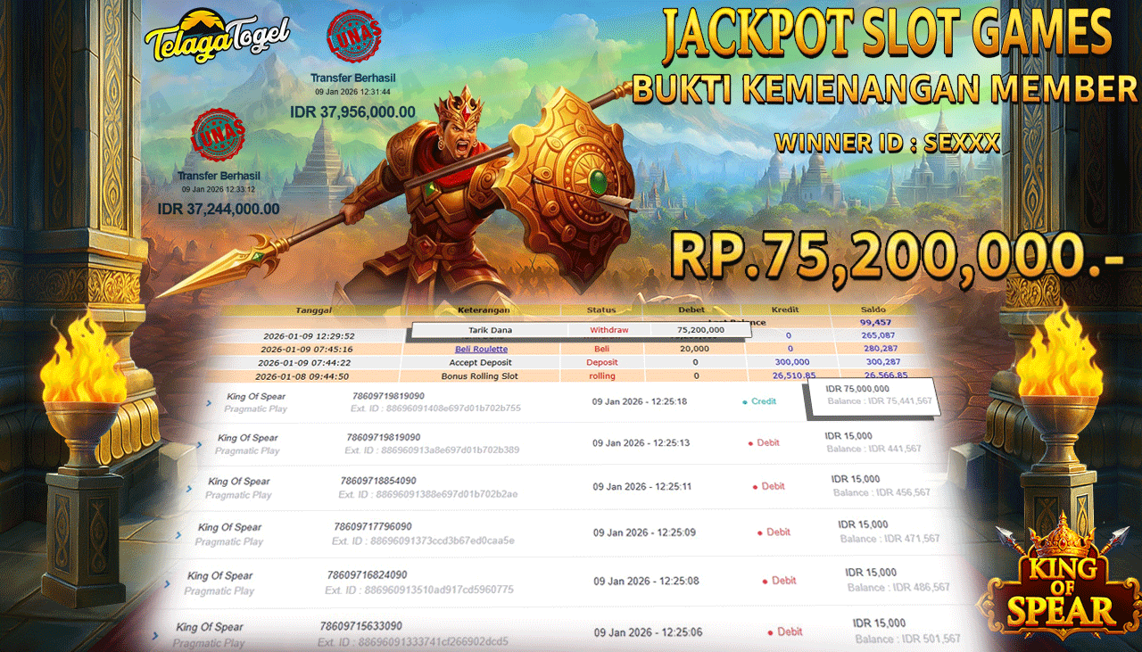 TELAGATOGEL JACKPOT SLOT KING OF SPEAR Rp 75,200,000.- LUNAS  