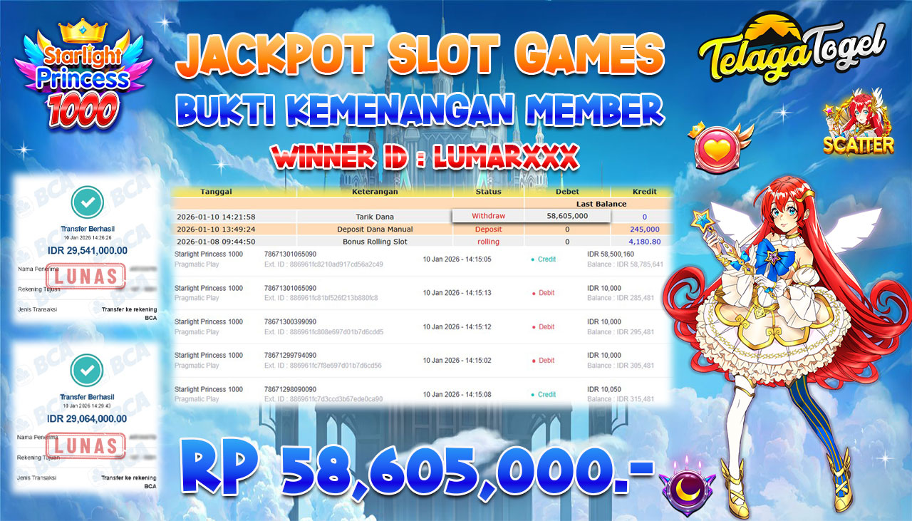 TELAGATOGEL JACKPOT SLOT STARLIGHT PRINCESS 1000 Rp 58,605,000.- LUNAS  