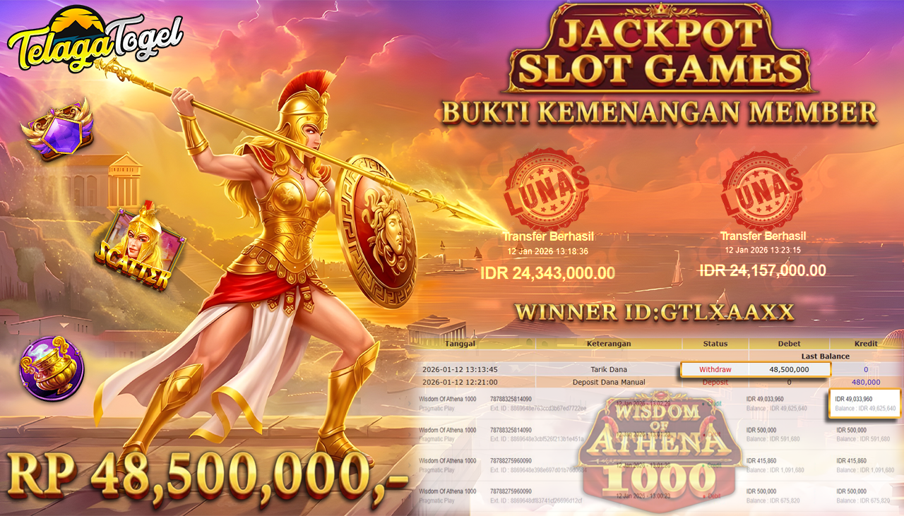 TELAGATOGEL JACKPOT SLOT WISDOM OF ATHENA 1000 Rp 48,500,000.- LUNAS  