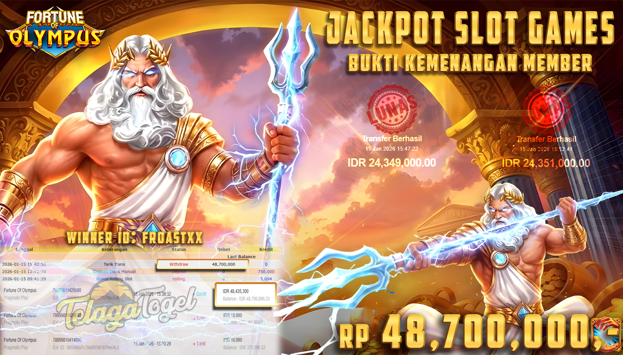 TELAGATOGEL JACKPOT SLOT FORTUNE OF OLYMPUS Rp 48,700,000.- LUNAS  