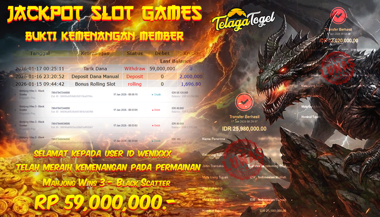 TELAGATOGEL JACKPOT MAHJONG WINS 3 - BLACK SCATTER Rp 59,000,000.- LUNAS  