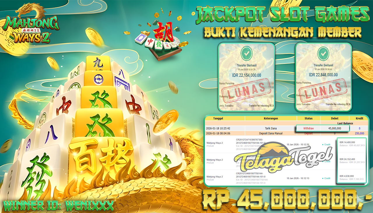TELAGATOGEL JACKPOT SLOT MAHJONG WAYS 2 Rp 45,000,000.- LUNAS  