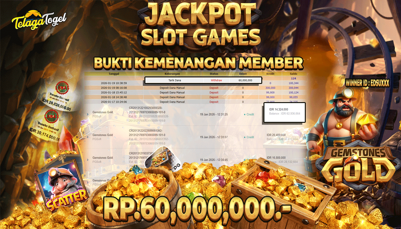 TELAGATOGEL JACKPOT SLOT GEMSTONES GOLD  Rp 60,000,000.- LUNAS  