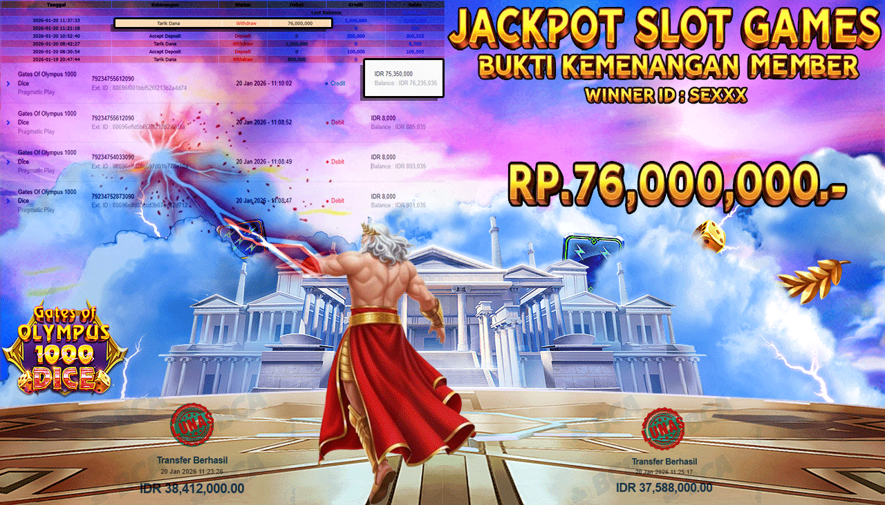 TELAGATOGEL JACKPOT SLOT GATES OF OLYMPUS 1000 DICE Rp 76,000,000.- LUNAS  