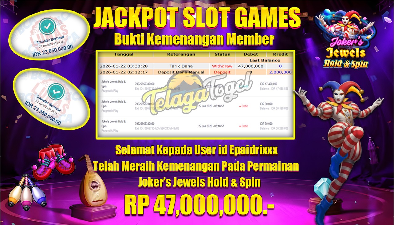 TELAGATOGEL JACKPOT SLOT JOKER'S JEWELS HOLD & SPIN Rp 47,000,000.- LUNAS  