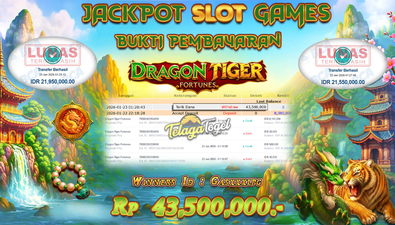 TELAGATOGEL JACKPOT SLOT DRAGON TIGER FORTUNES Rp 43,500,000.- LUNAS  