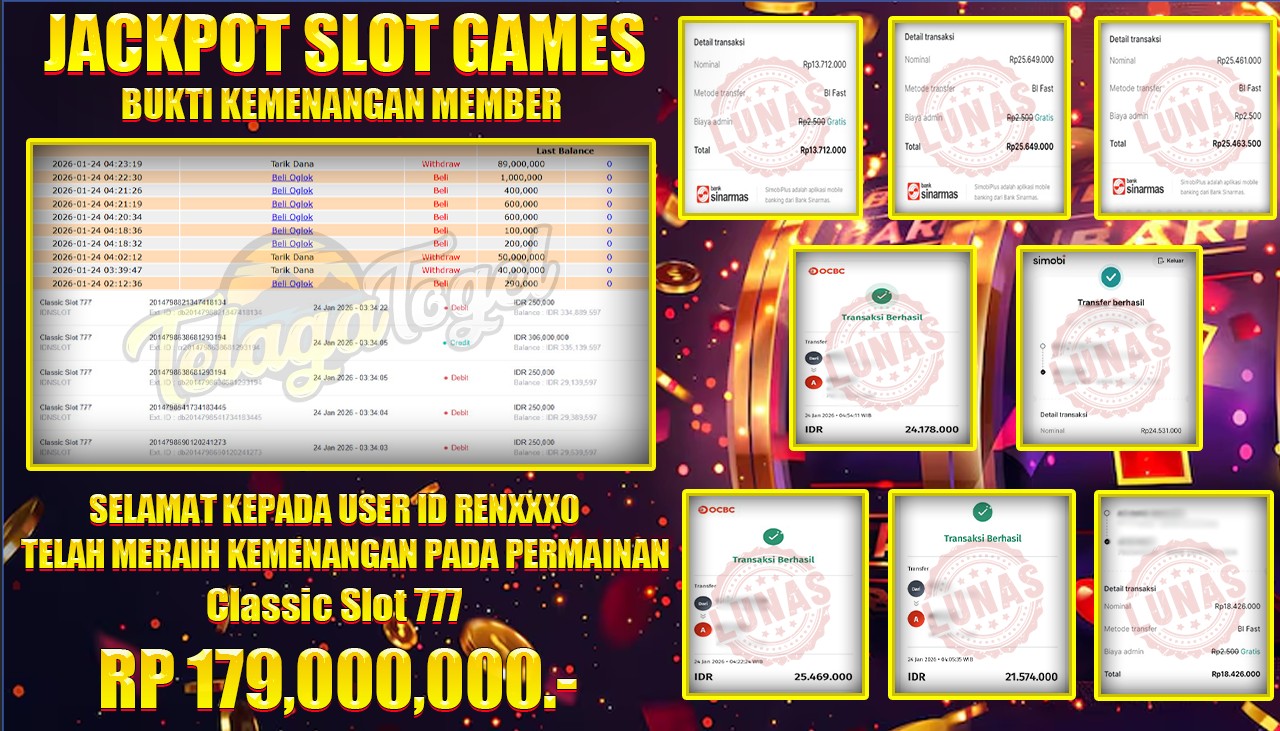 TELAGATOGEL JACKPOT SLOT CLASSIC SLOT 777 Rp 179,000,000.- LUNAS  