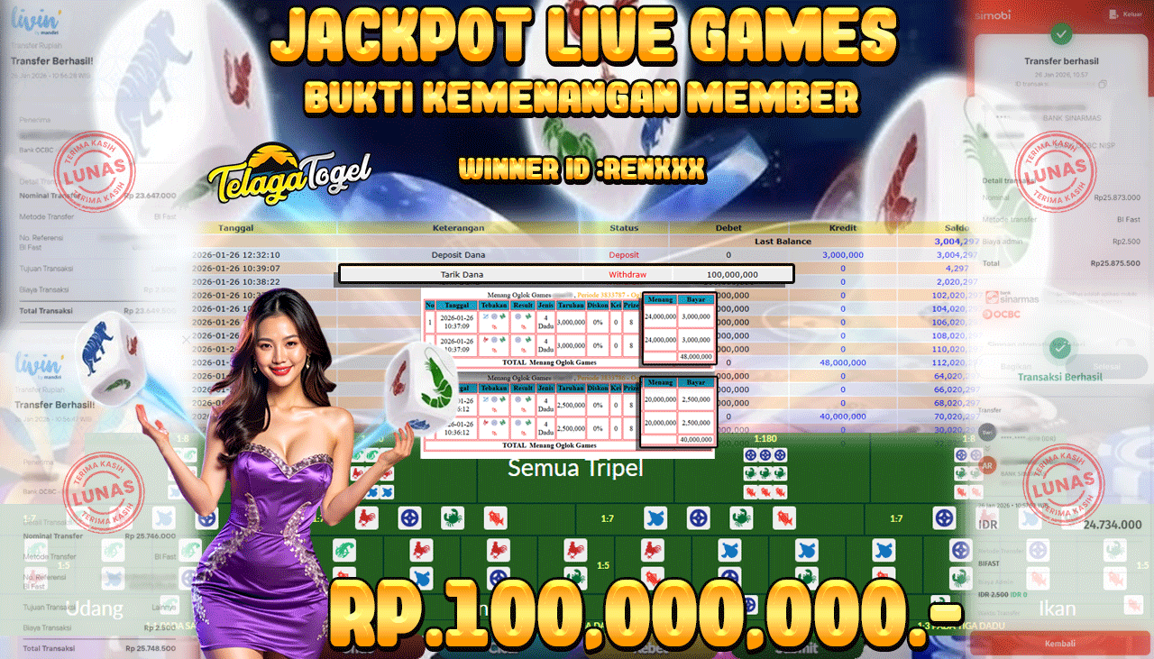TELAGATOGEL JACKPOT LIVEGAMES OGLOK Rp 100,000,000.- LUNAS  