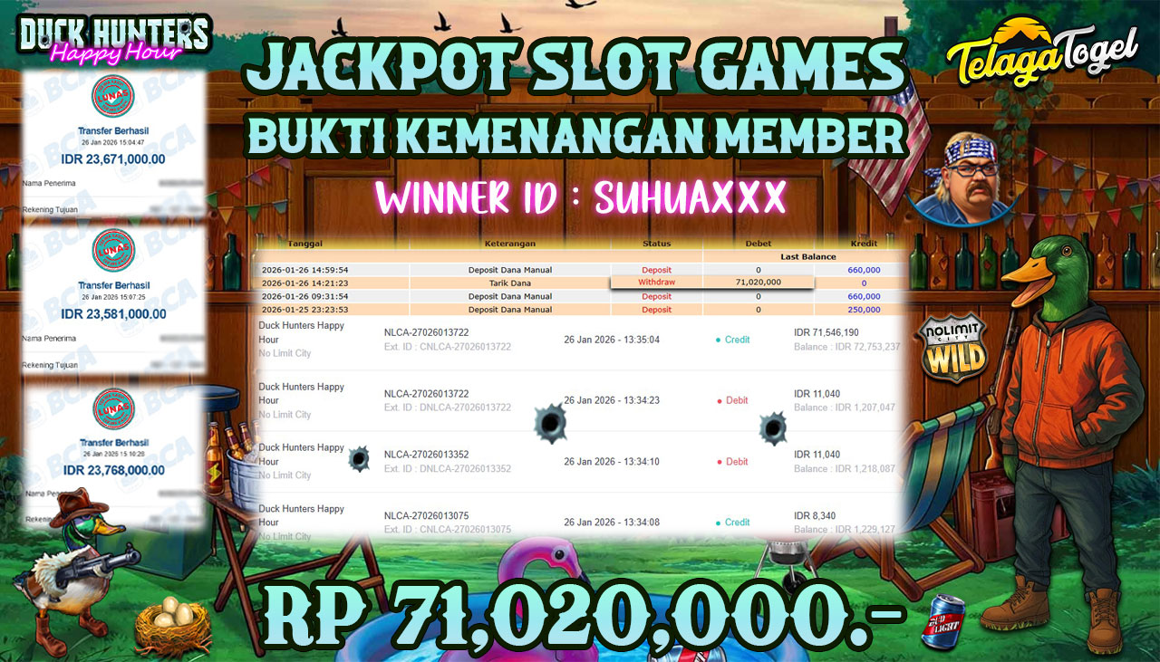 TELAGATOGEL JACKPOT DUCK HUNTERS HAPPY HOUR Rp 71,020,000.- LUNAS  