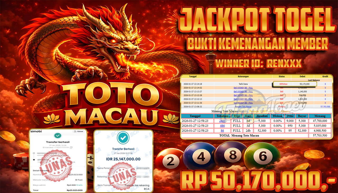 TELAGATOGEL JACKPOT TOGEL PASARAN TOTOMACAU Rp 50,170,000.- LUNAS  
