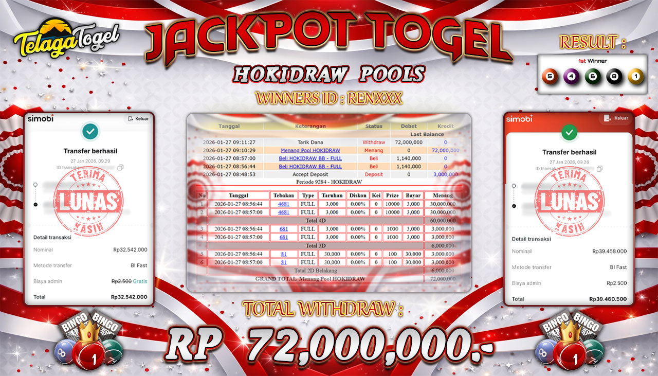 TELAGATOGEL JACKPOT TOGEL PASARAN HOKIDRAW POOLS  Rp 72,000,000.- LUNAS  