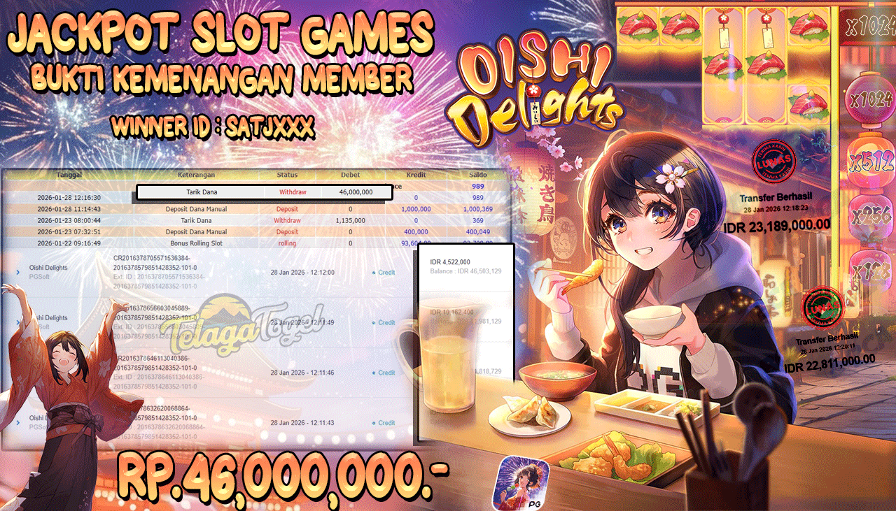 TELAGATOGEL JACKPOT SLOT OISHI DELIGHTS Rp 46,000,000.- LUNAS  