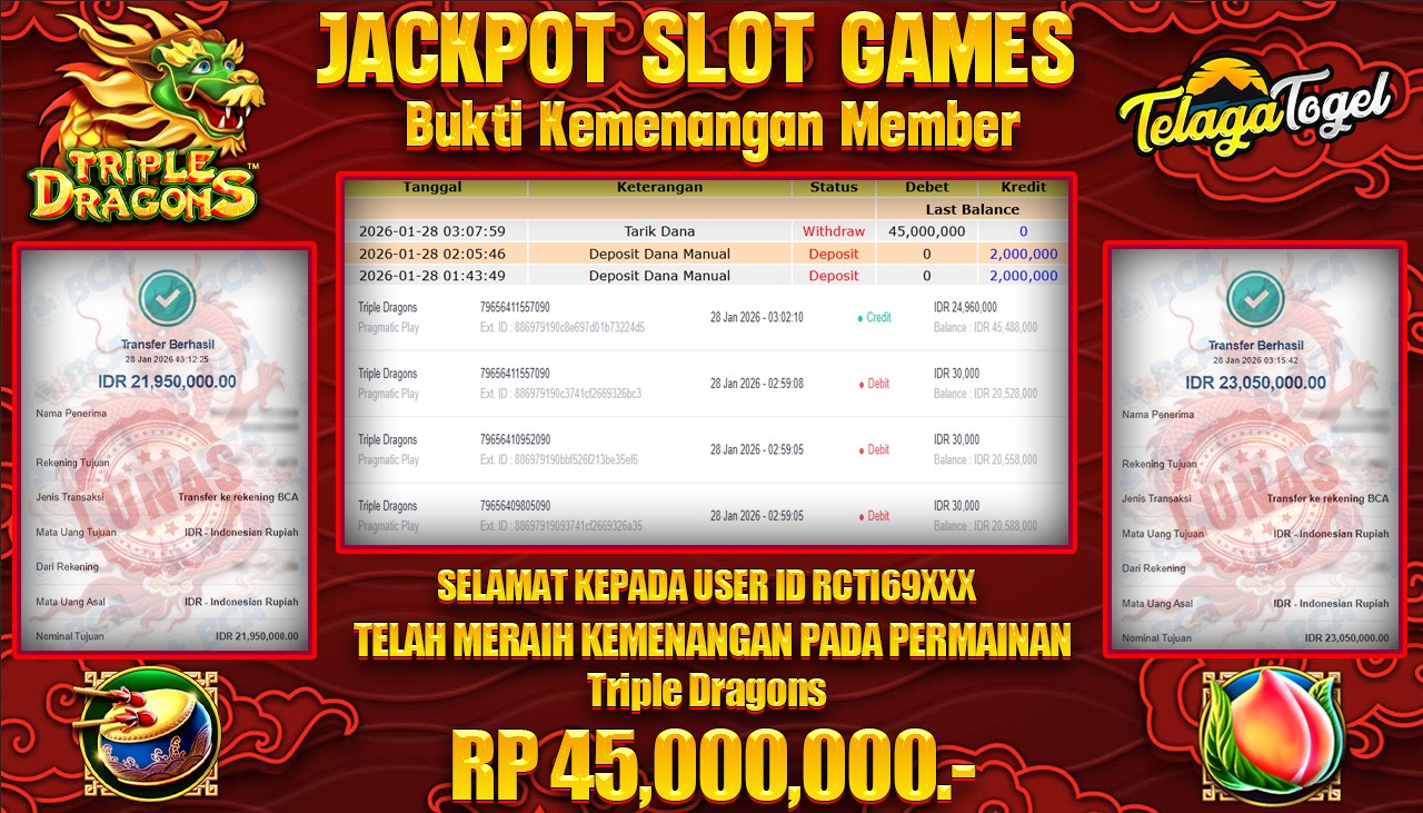 TELAGATOGEL JACKPOT SLOT TRIPLE DRAGONS Rp 45,000,000.- LUNAS  