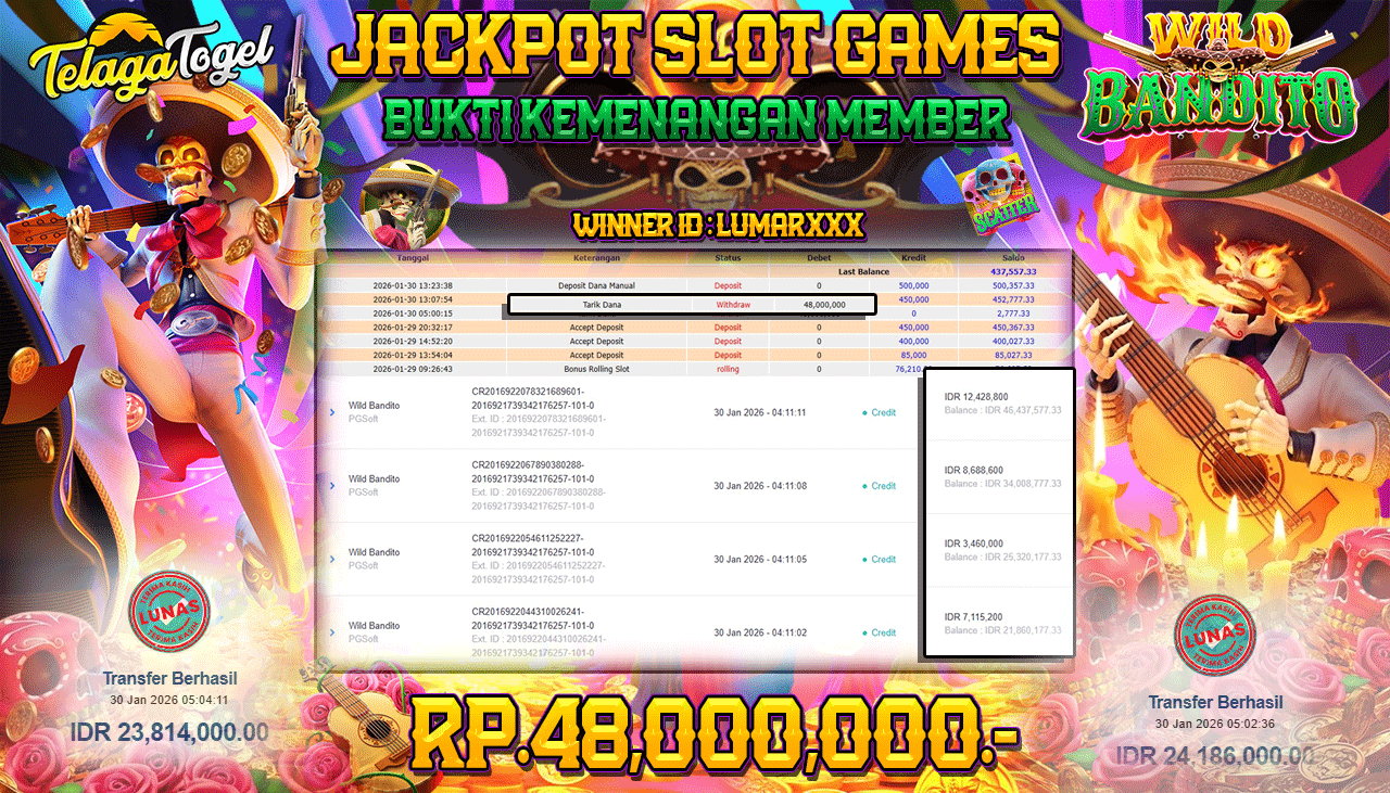 TELAGATOGEL JACKPOT SLOT WILD BANDITO Rp 48,000,000.- LUNAS  