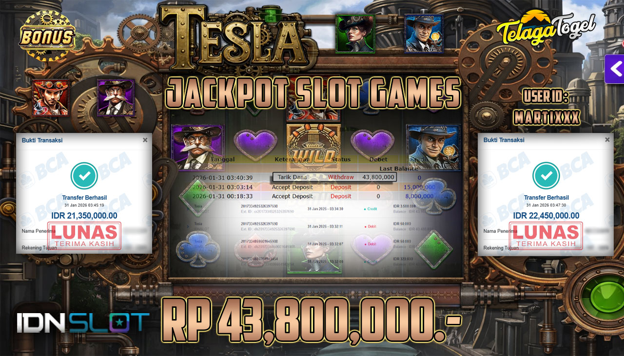 TELAGATOGEL JACKPOT SLOT TESLA - IDN SLOT Rp 43,800,000.- LUNAS  