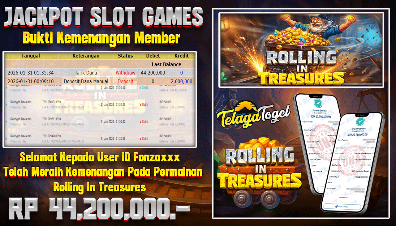 TELAGATOGEL JACKPOT SLOT ROLLING IN TREASURES Rp 44,200,000.- LUNAS  