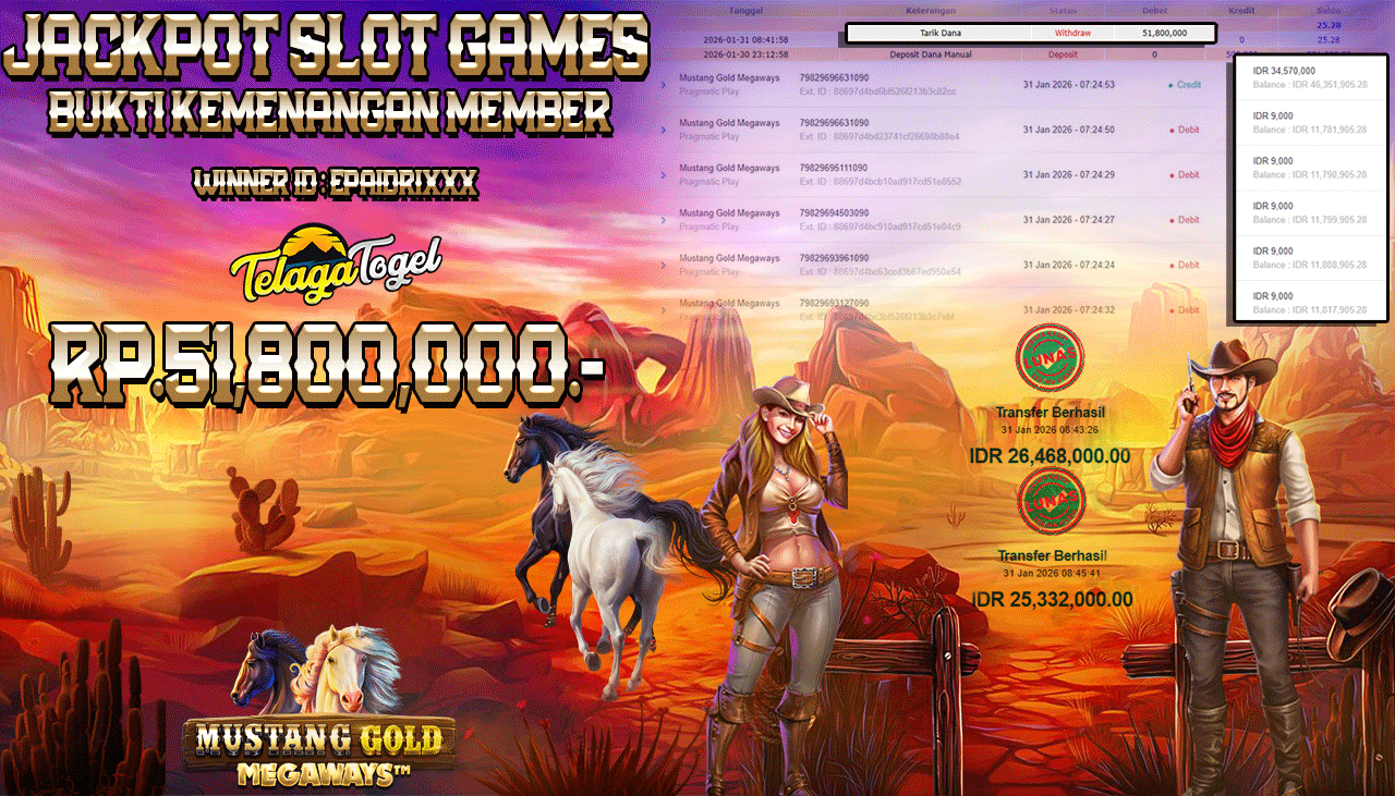 TELAGATOGEL JACKPOT SLOT MUSTANG GOLD MEGAWAYS Rp 51,800,000.- LUNAS  