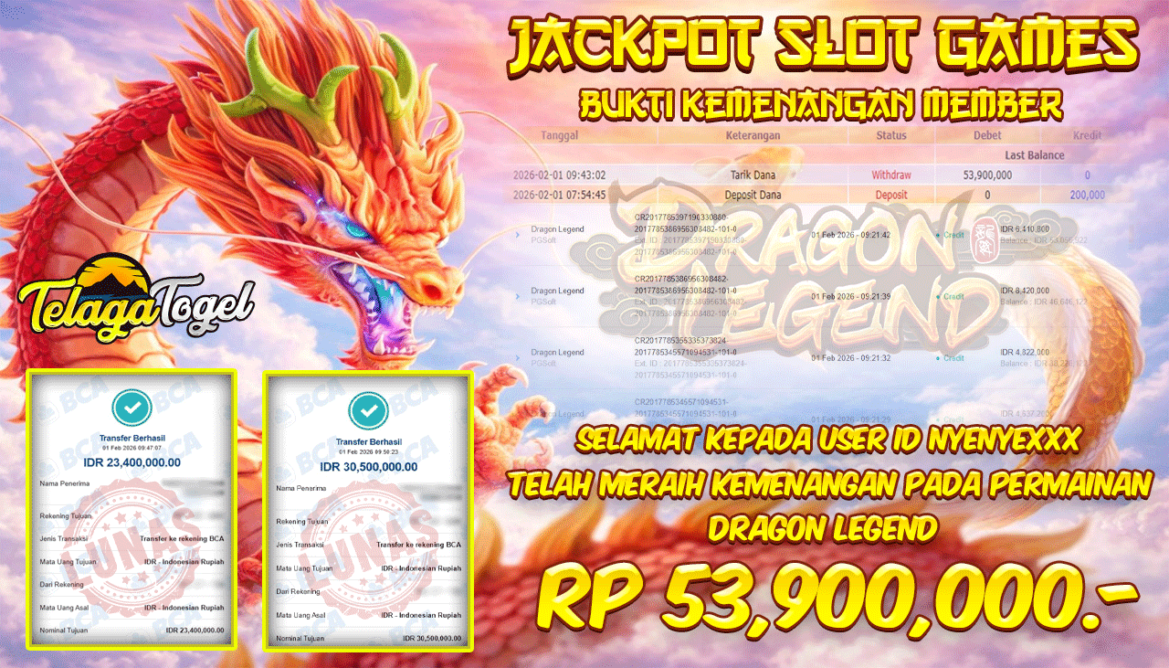 TELAGATOGEL JACKPOT SLOT DRAGON LEGEND Rp 53,900,000.- LUNAS  