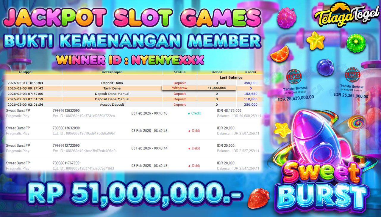 TELAGATOGEL JACKPOT SLOT SWEET BURST FP Rp 51,000,000.- LUNAS  