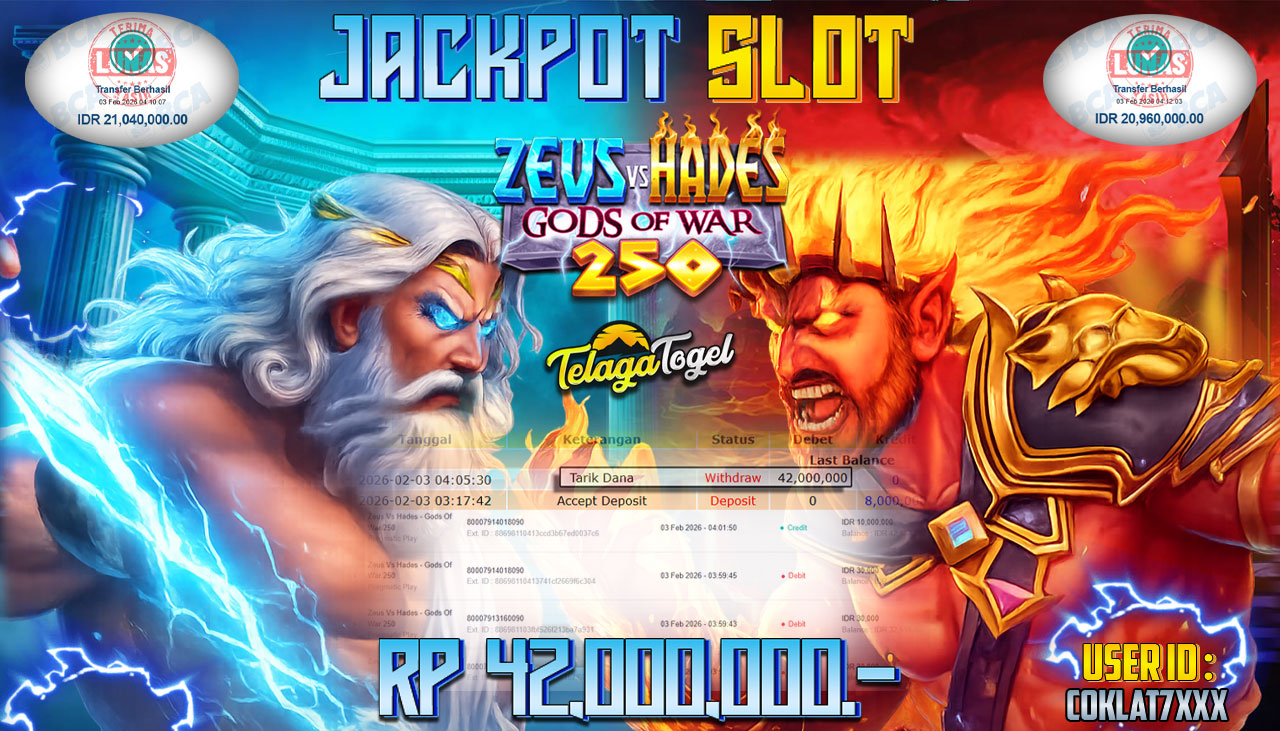 TELAGATOGEL JACKPOT SLOT ZEUS VS HADES - GODS OF WAR 250 Rp 42,000,000.- LUNAS  